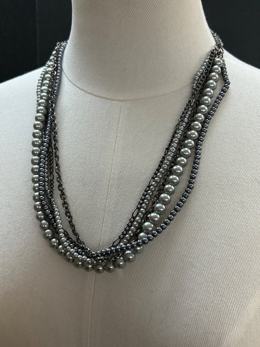 Multistrand Gray Pewter Color Faux Pearl Necklace 23-30 Inches Lobster Clasp