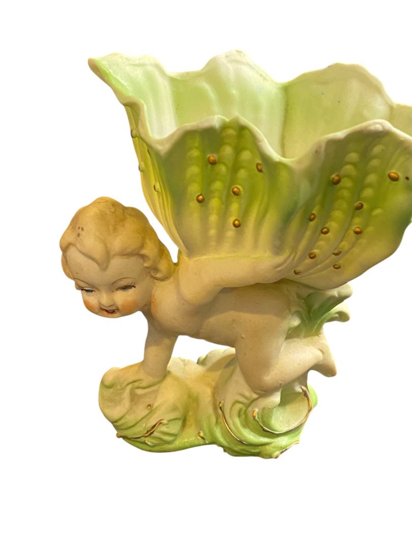 Vintage SJB Handpainted Ceramic Cherub Floral Vase Planter 4.75"