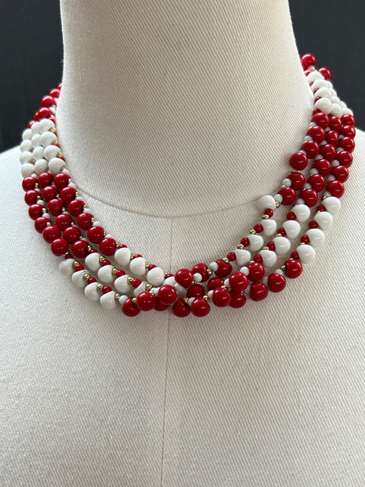 Vintage Red White 18-21 Inch Necklace Multistrand Twist Goldtone