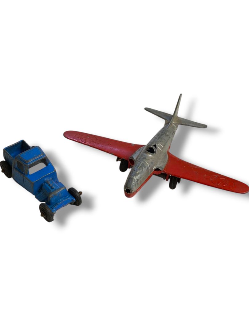 Lot of 2 Vintage Metal Toys Blue Truck Airplane Tootsie Toys Plane
