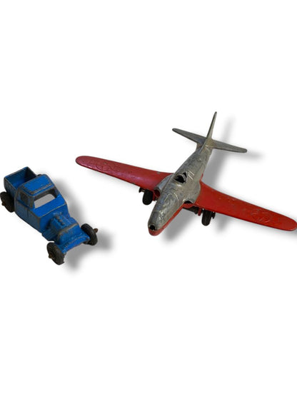 Lot of 2 Vintage Metal Toys Blue Truck Airplane Tootsie Toys Plane