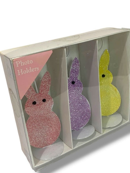 Glitter Bunny Place Card Photo Holder Box of 3 New Pink Purple Yellow 4.5"