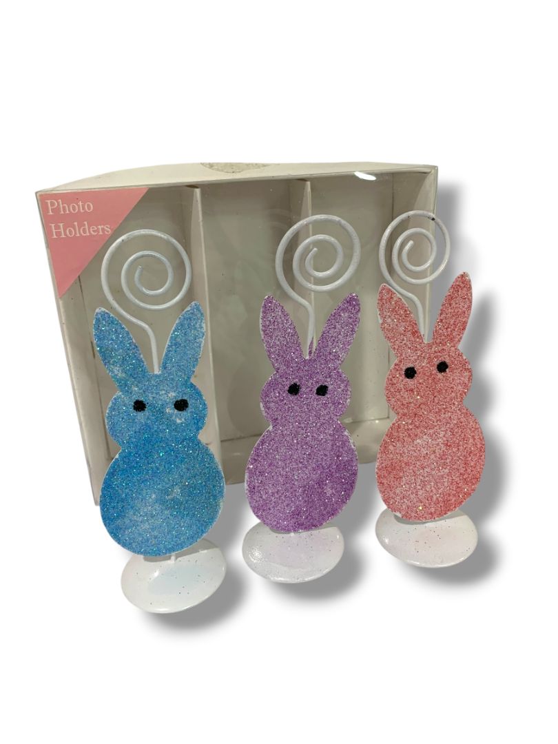 Glitter Bunny Place Card Photo Holder Box of 3 New Blue Purple Pink 4.5"