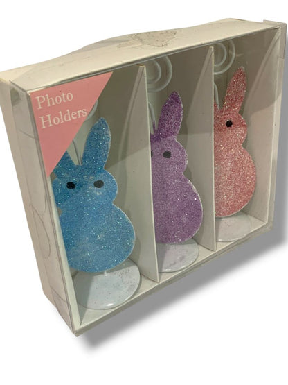 Glitter Bunny Place Card Photo Holder Box of 3 New Blue Purple Pink 4.5"