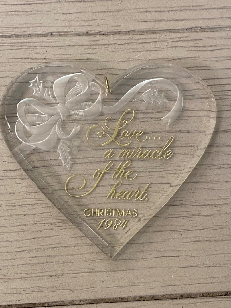 Clear Acrylic Christmas 1984 Ornament "Love . . .a Miracle of the Heart"