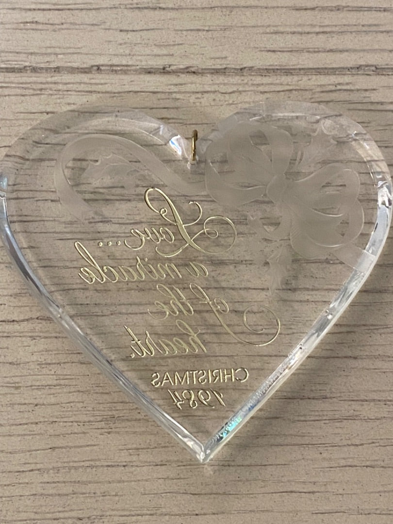 Clear Acrylic Christmas 1984 Ornament "Love . . .a Miracle of the Heart"