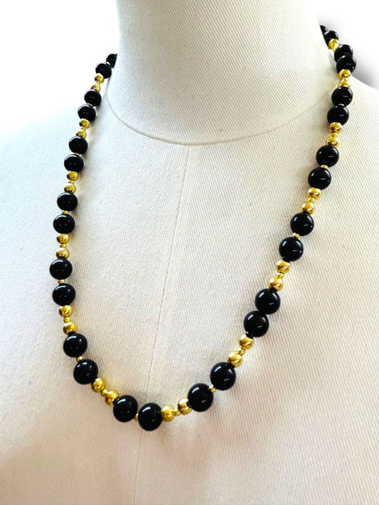 Vintage Black Goldtone Black Beaded Necklace 24" Spring Clasp