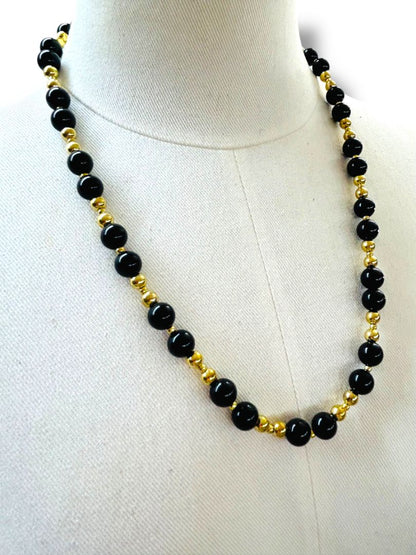 Vintage Black Goldtone Black Beaded Necklace 24" Spring Clasp