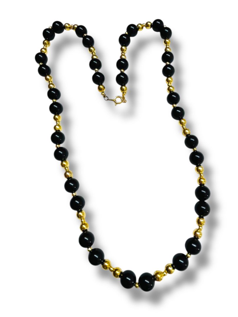 Vintage Black Goldtone Black Beaded Necklace 24" Spring Clasp