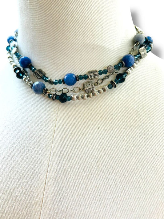 Premier Designs Multistrand Necklace Blue Silvertone Beaded 15.5-19"