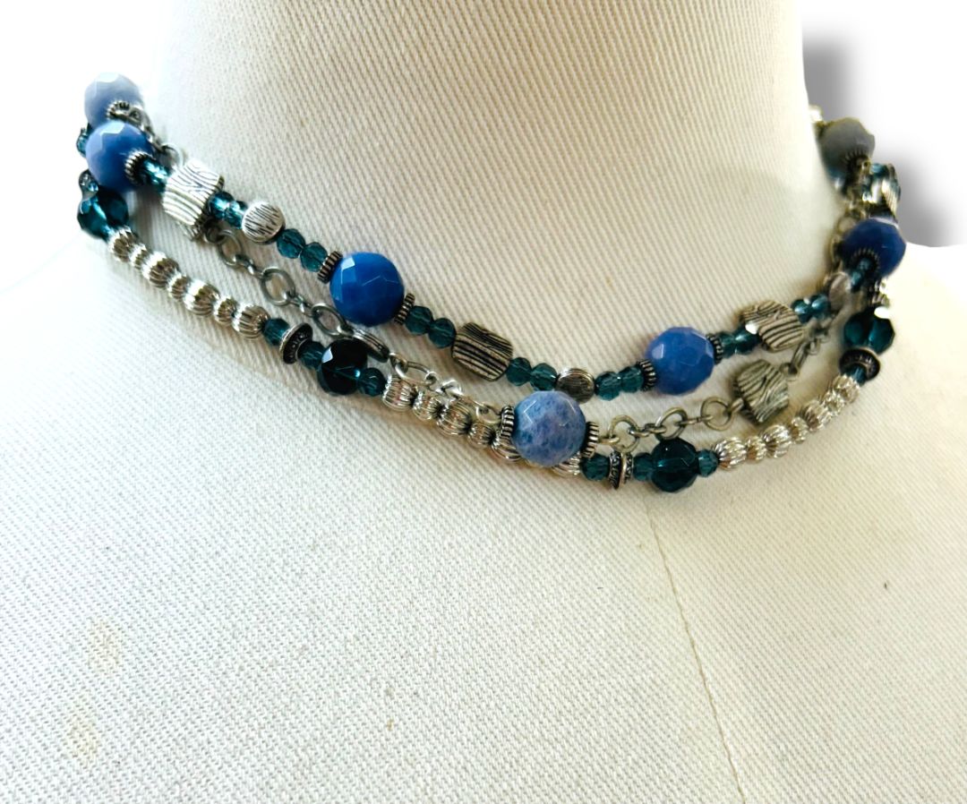 Premier Designs Multistrand Necklace Blue Silvertone Beaded 15.5-19"