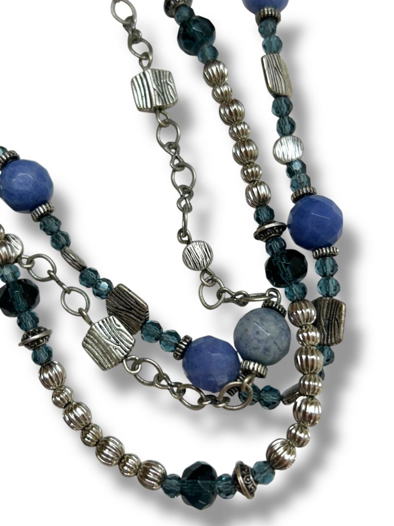 Premier Designs Multistrand Necklace Blue Silvertone Beaded 15.5-19"