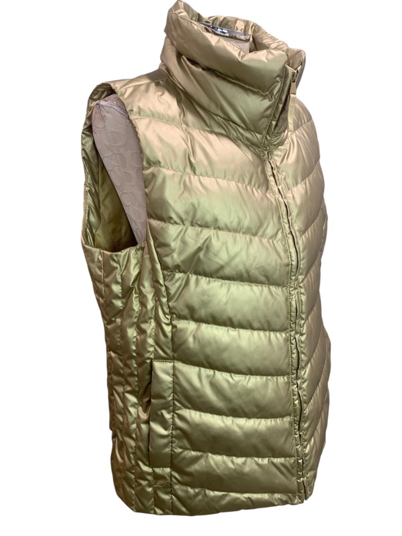 Size XL Talbots Womens Gold Full Zip Puffer Vest Quilted Down Fill Metallic