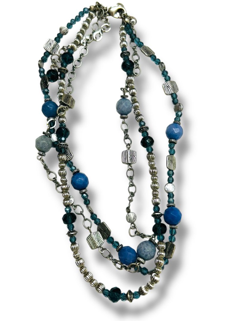 Premier Designs Multistrand Necklace Blue Silvertone Beaded 15.5-19"