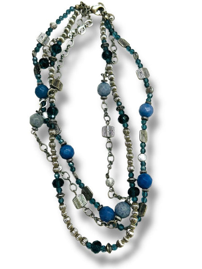 Premier Designs Multistrand Necklace Blue Silvertone Beaded 15.5-19"