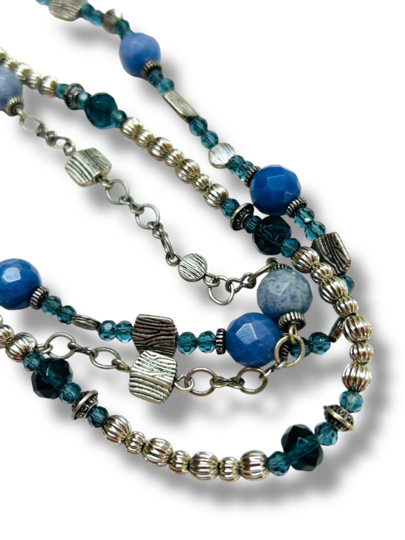 Premier Designs Multistrand Necklace Blue Silvertone Beaded 15.5-19"