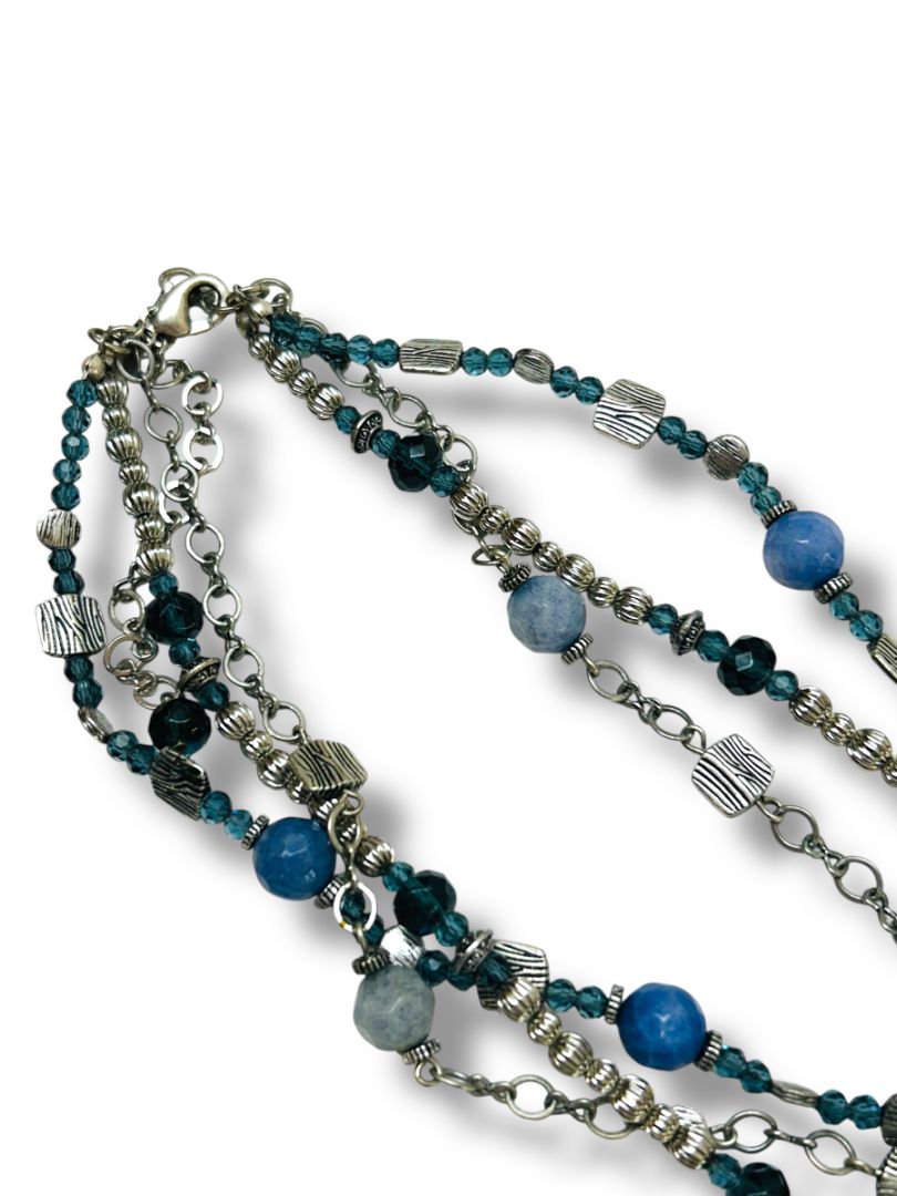 Premier Designs Multistrand Necklace Blue Silvertone Beaded 15.5-19"