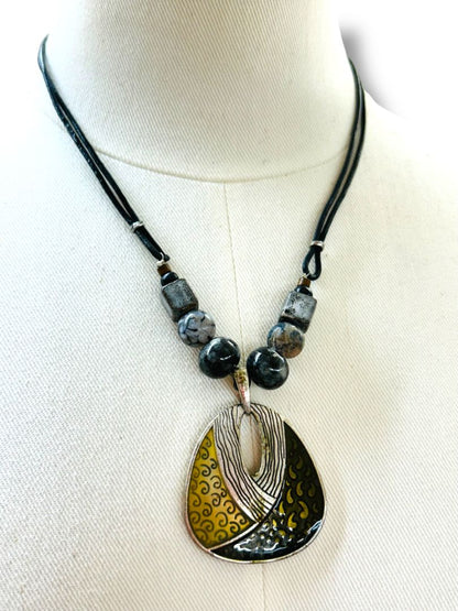 Black Cord Pendant Necklace Boho Chic Mixed Materials 20-23"