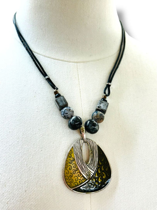 Black Cord Pendant Necklace Boho Chic Mixed Materials 20-23"