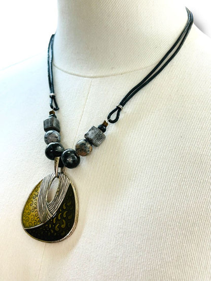 Black Cord Pendant Necklace Boho Chic Mixed Materials 20-23"