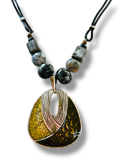 Black Cord Pendant Necklace Boho Chic Mixed Materials 20-23"