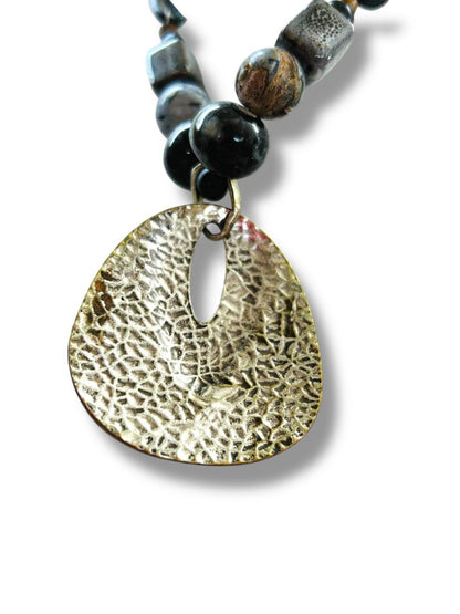 Black Cord Pendant Necklace Boho Chic Mixed Materials 20-23"