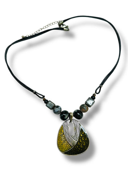 Black Cord Pendant Necklace Boho Chic Mixed Materials 20-23"