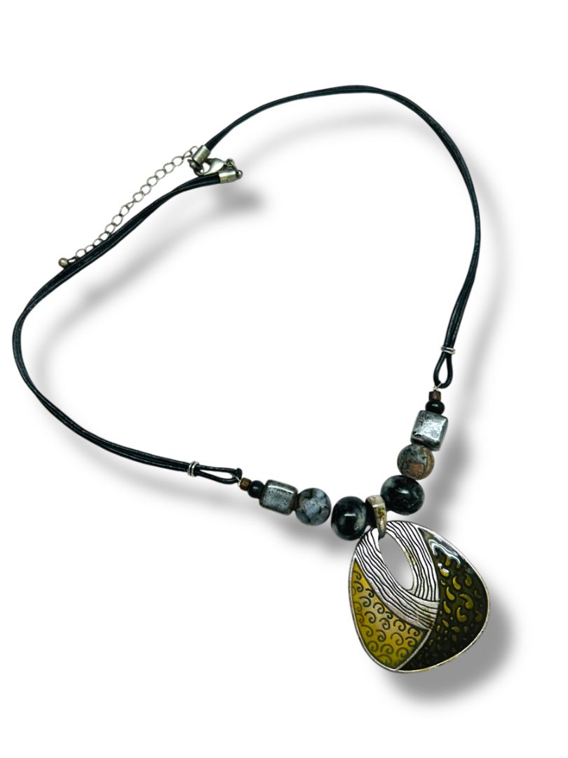 Black Cord Pendant Necklace Boho Chic Mixed Materials 20-23"