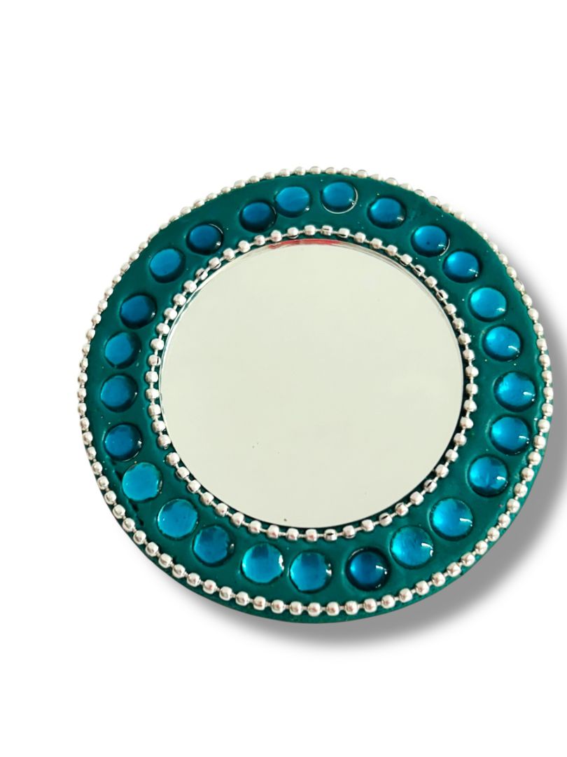 Hand Pocket Mirror Beaded Teal Silvertone Round Purse 3" Diameter