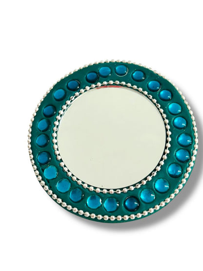 Hand Pocket Mirror Beaded Teal Silvertone Round Purse 3" Diameter