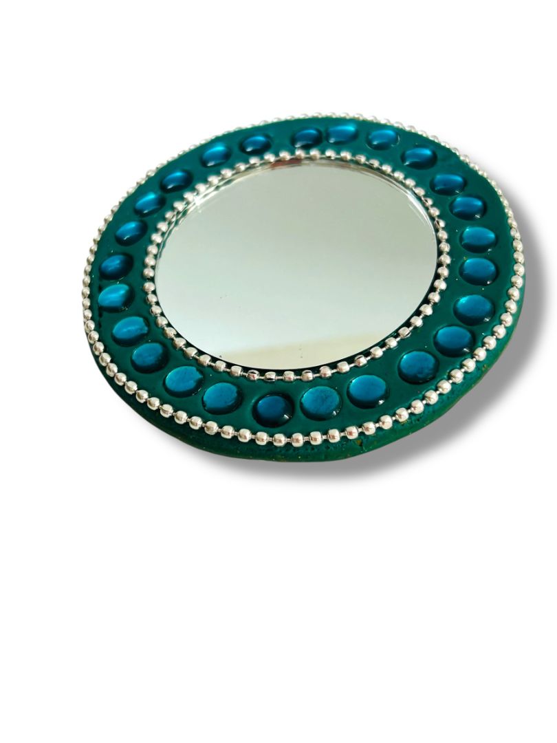Hand Pocket Mirror Beaded Teal Silvertone Round Purse 3" Diameter