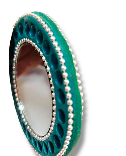 Hand Pocket Mirror Beaded Teal Silvertone Round Purse 3" Diameter