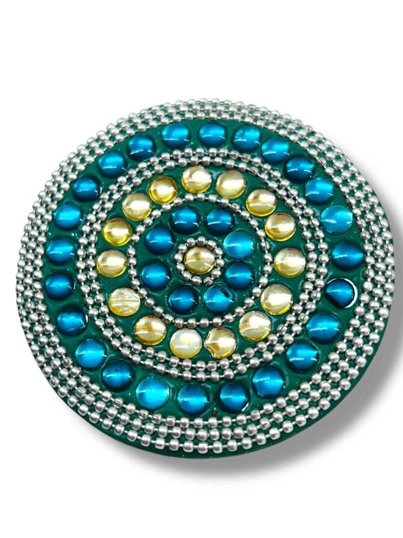 Hand Pocket Mirror Beaded Teal Silvertone Round Purse 3" Diameter