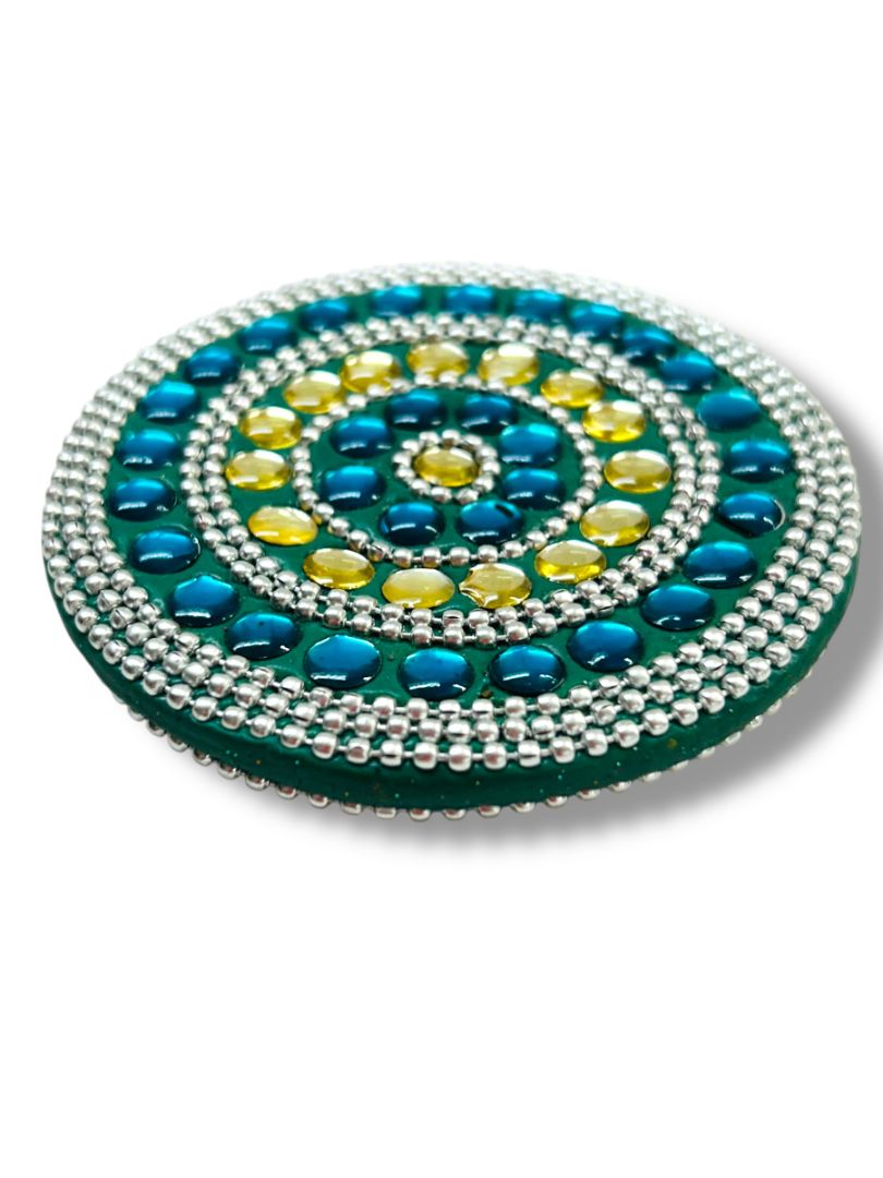 Hand Pocket Mirror Beaded Teal Silvertone Round Purse 3" Diameter