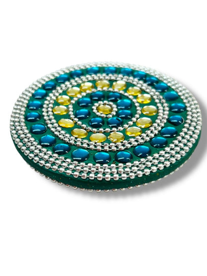 Hand Pocket Mirror Beaded Teal Silvertone Round Purse 3" Diameter