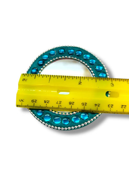 Hand Pocket Mirror Beaded Teal Silvertone Round Purse 3" Diameter