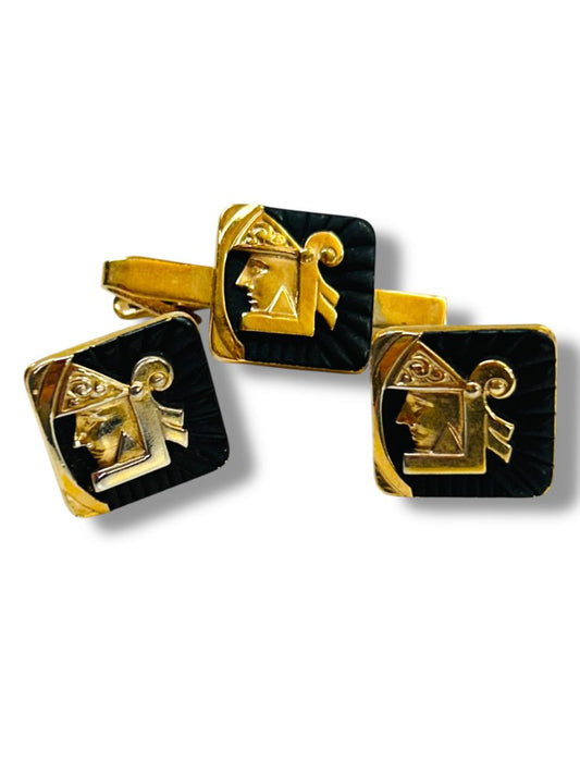Vintage Set of Cufflinks and Tie Bar Clip Goldtone Black Enameled