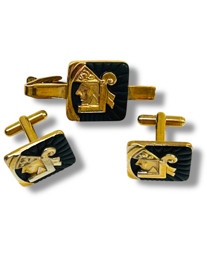 Vintage Set of Cufflinks and Tie Bar Clip Goldtone Black Enameled