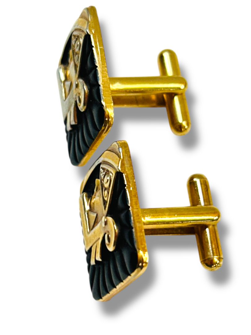 Vintage Set of Cufflinks and Tie Bar Clip Goldtone Black Enameled