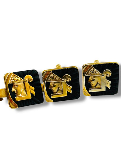Vintage Set of Cufflinks and Tie Bar Clip Goldtone Black Enameled