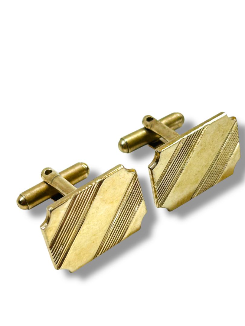 Goldtone Cufflinks Rectangular Diagonal Etched Stripe Pair Cuff Links