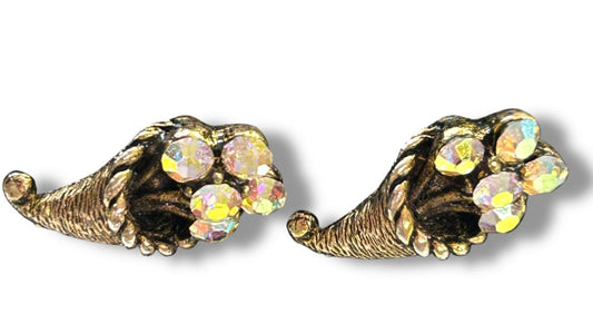 Vintage Cornucopia Lapel Pins Set of 2 .75" Goldtone Crystal