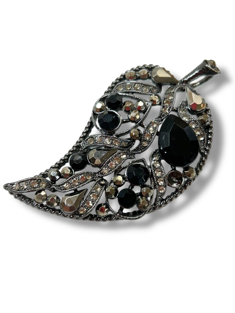 Intricate Leaf Brooch Pin Pendant Pewter Color 3.25"