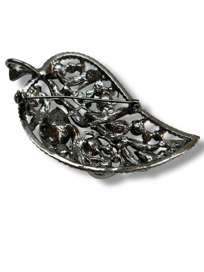 Intricate Leaf Brooch Pin Pendant Pewter Color 3.25"