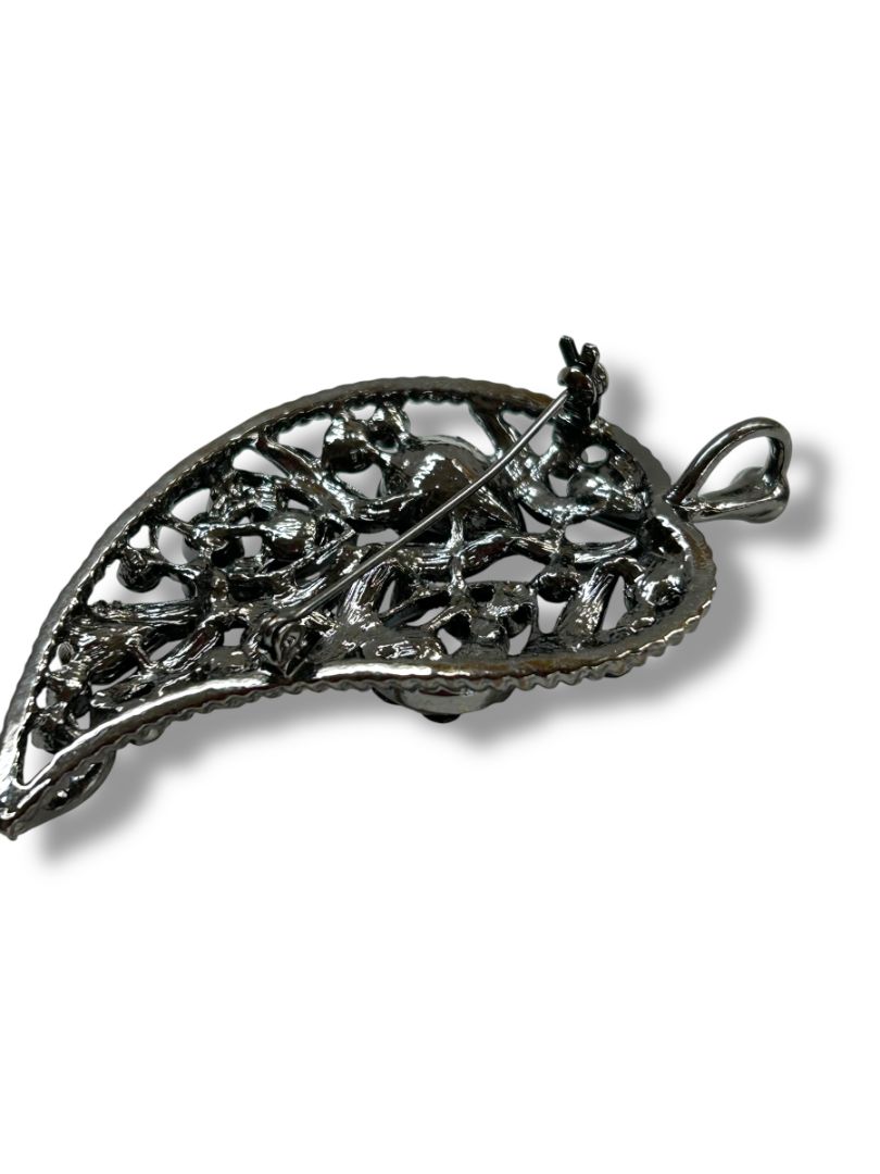 Intricate Leaf Brooch Pin Pendant Pewter Color 3.25"