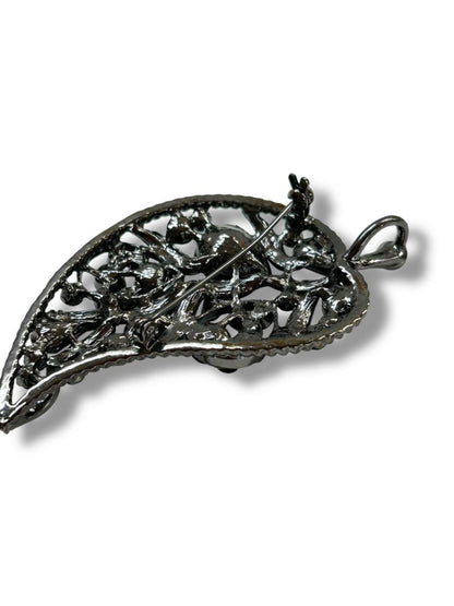 Intricate Leaf Brooch Pin Pendant Pewter Color 3.25"