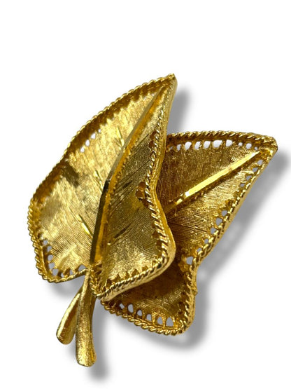 Signed BSK Goldtone Brooch Pin Vintage 2 Leaves Leaf 2"