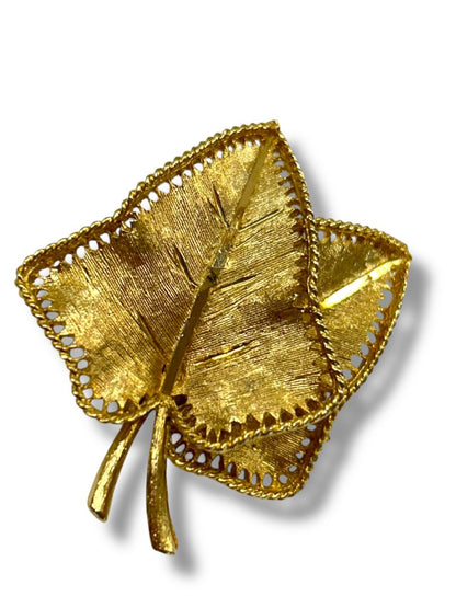 Signed BSK Goldtone Brooch Pin Vintage 2 Leaves Leaf 2"