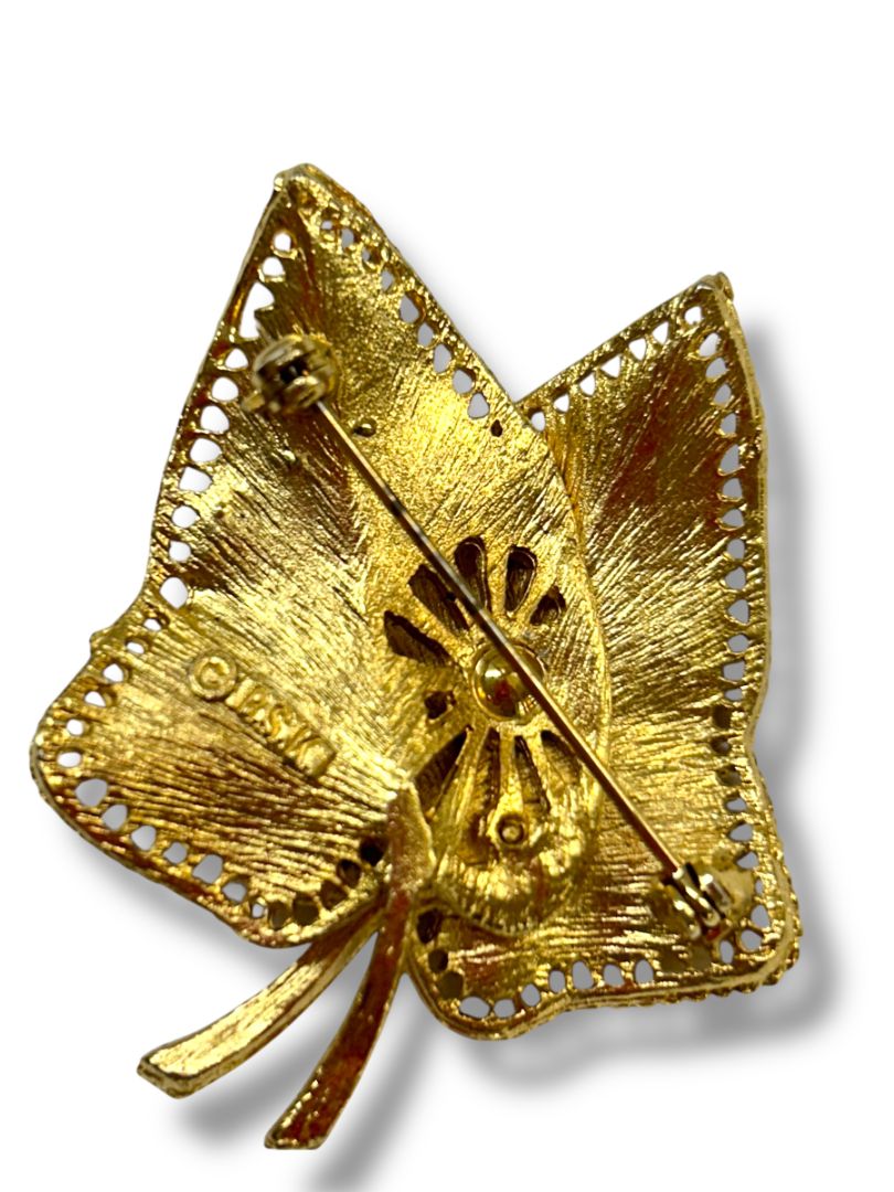 Signed BSK Goldtone Brooch Pin Vintage 2 Leaves Leaf 2"