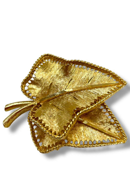 Signed BSK Goldtone Brooch Pin Vintage 2 Leaves Leaf 2"